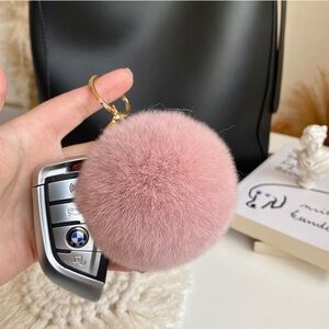 Real Rex Rabbit fur pompom keychain; Fluffy Fur Ball 10cm-KC052 Dusty Rose